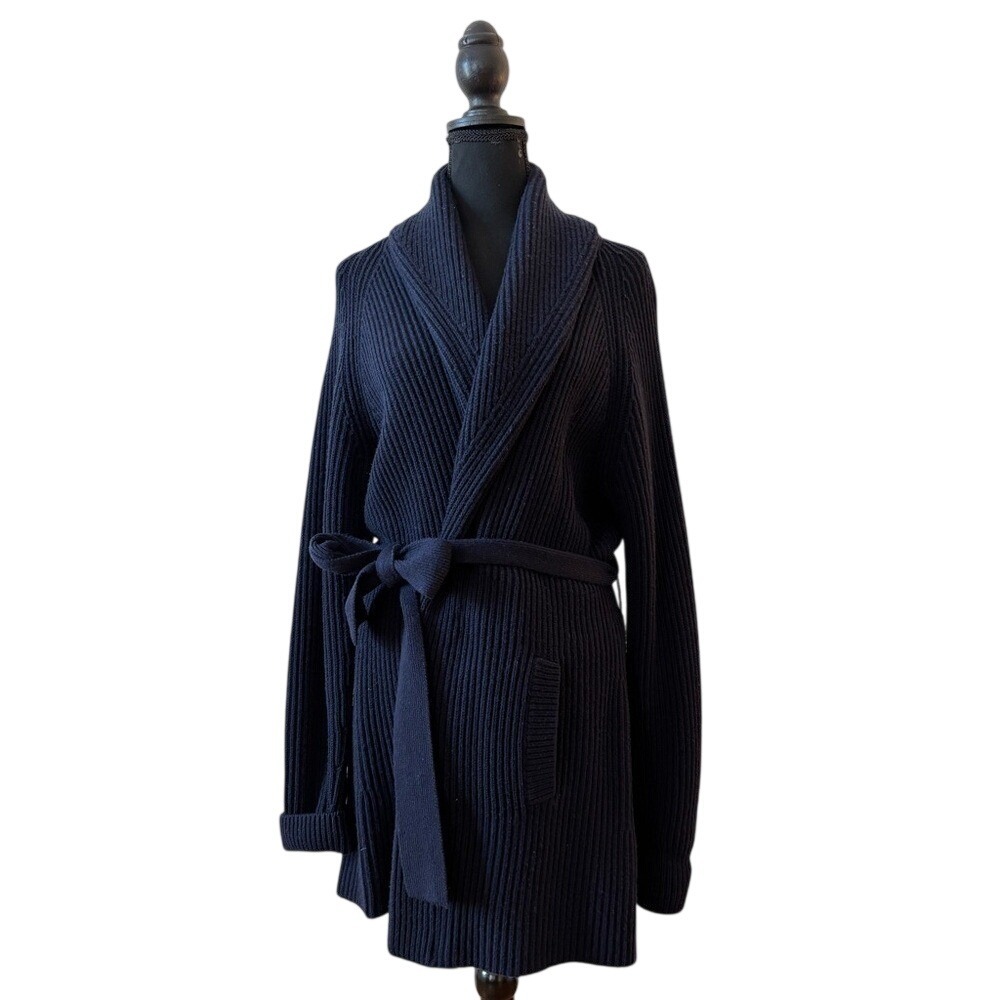 Tory Burch Navy Blue Wool Cashmere Wrap Sweater Rolled Neck Women's size Medium